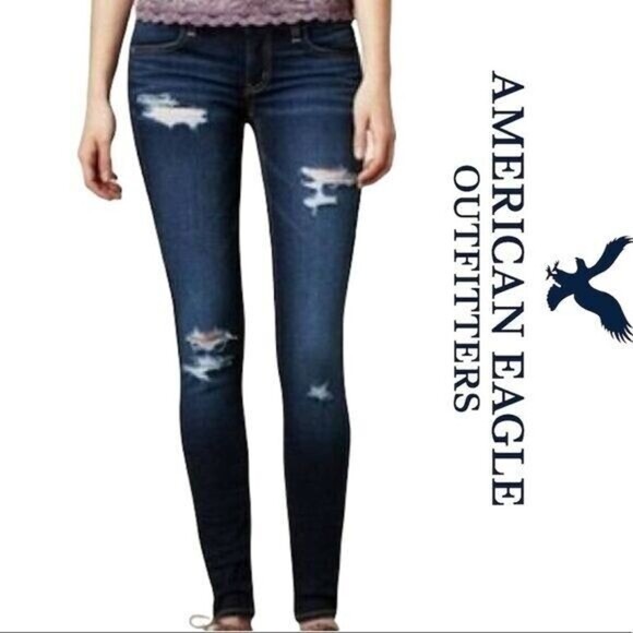 American Eagle Sz 0 Women Jeans Super Stretch Blue distressed - Picture 3 of 12